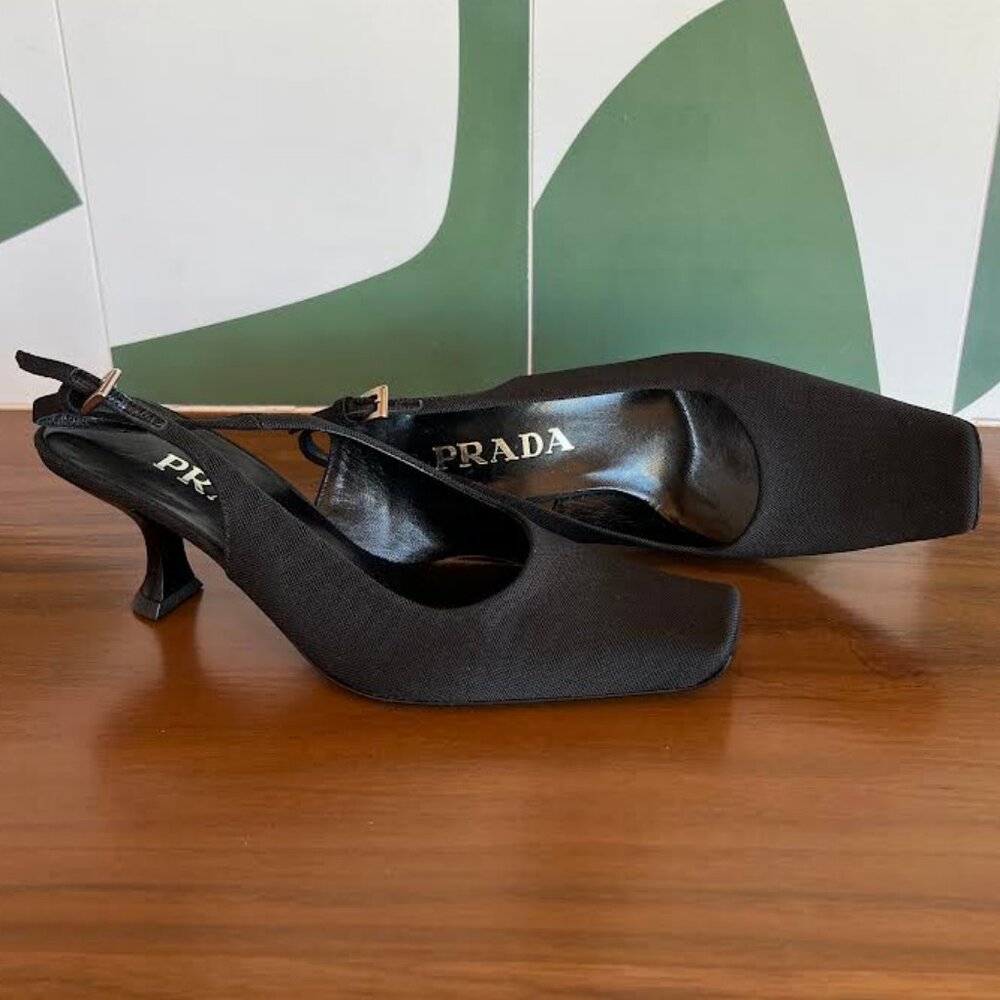 Prada Square Toe Kitten Heel Slingbacks in Black | Size 35.5 EU